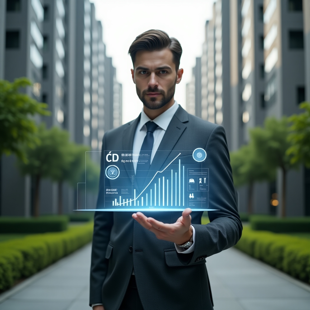 (Ultra-realistic condominium manager in a charcoal gray tailored suit, set in a modern luxury condominium environment with high-rise buildings and manicured green landscaping, holding and analyzing a floating holographic financial chart showing cost-reduction bars, confident and focused expression, subtle icons of coins and maintenance tools integrated into the hologram, cinematic lighting, shallow depth of field, highly detailed textures, realistic skin, photographic realism, 8k resolution --ar 1:1 --v 6)