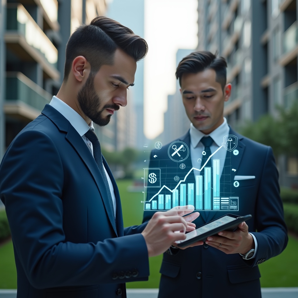 (Ultra-realistic condominium manager in a navy blue suit, set in a modern luxury condominium environment with high-rise buildings and manicured green landscaping, analyzing a holographic budget chart projected above a tablet, floating icons of repair tools and currency symbols, focused and confident expression, cinematic lighting, shallow depth of field, highly detailed textures, realistic skin, photographic realism, 8k resolution --ar 1:1 --v 6)
