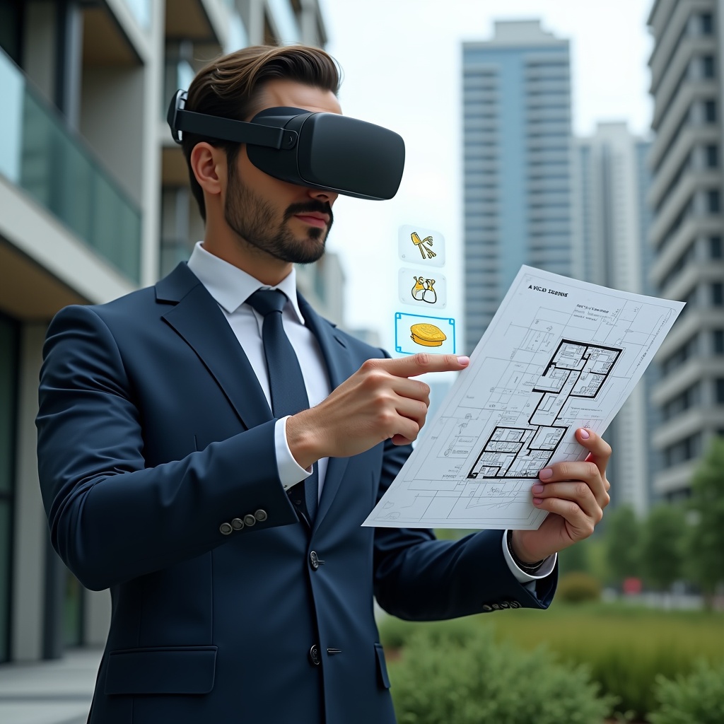 Ultra-realistic condominium manager in a tailored navy suit, set in a modern luxury condominium environment with high-rise buildings and green landscaping, confidently reviewing a holographic cost-saving blueprint while pointing at floating icons of money bags and construction tools, cinematic lighting, shallow depth of field, highly detailed textures, realistic skin, photographic realism, 8k resolution --ar 1:1 --v 6