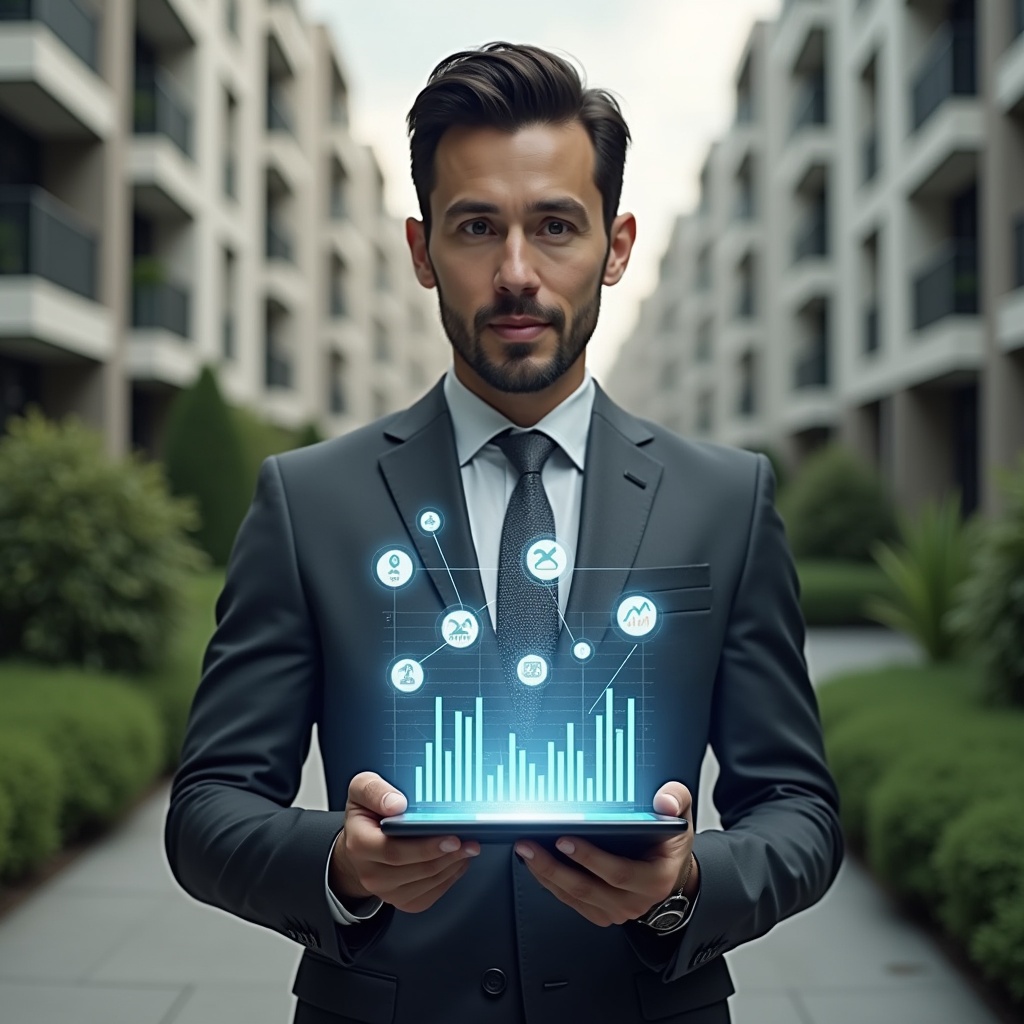 Ultra-realistic condominium manager in a dark gray suit, set in a modern luxury condominium environment with high-rise buildings and lush green landscaping, holding a digital tablet displaying budget charts with floating holographic icons of coins and graphs, reviewing expense reports, confident and focused expression, cinematic lighting, shallow depth of field, highly detailed textures, realistic skin, photographic realism, 8k resolution --ar 1:1 --v 6