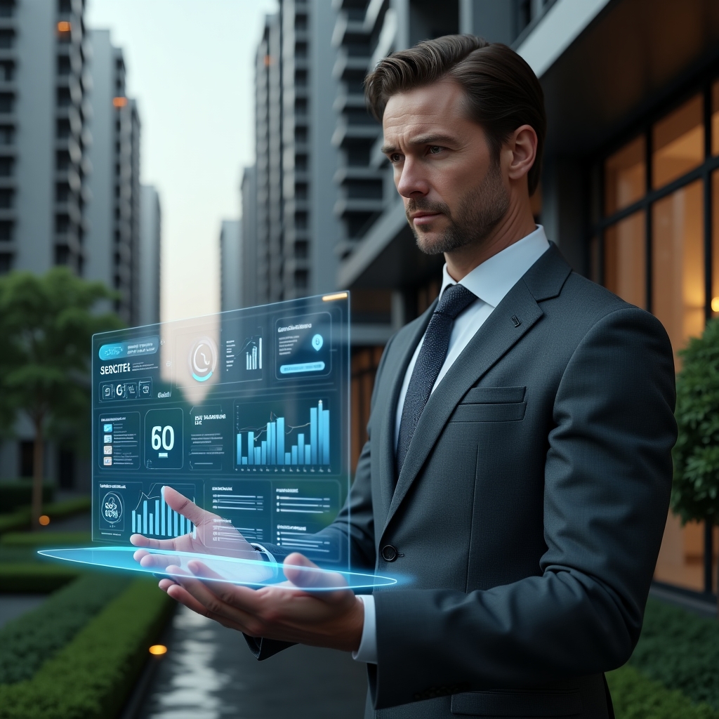 (Ultra-realistic condominium manager in a charcoal gray tailored suit, set in a modern luxury condominium environment with high-rise buildings and manicured gardens, reviewing a floating holographic financial dashboard with charts and icons representing transparency and efficiency, confident and focused expression, cinematic lighting, shallow depth of field, highly detailed textures, realistic skin, photographic realism, 8k resolution --ar 1:1 --v 6)