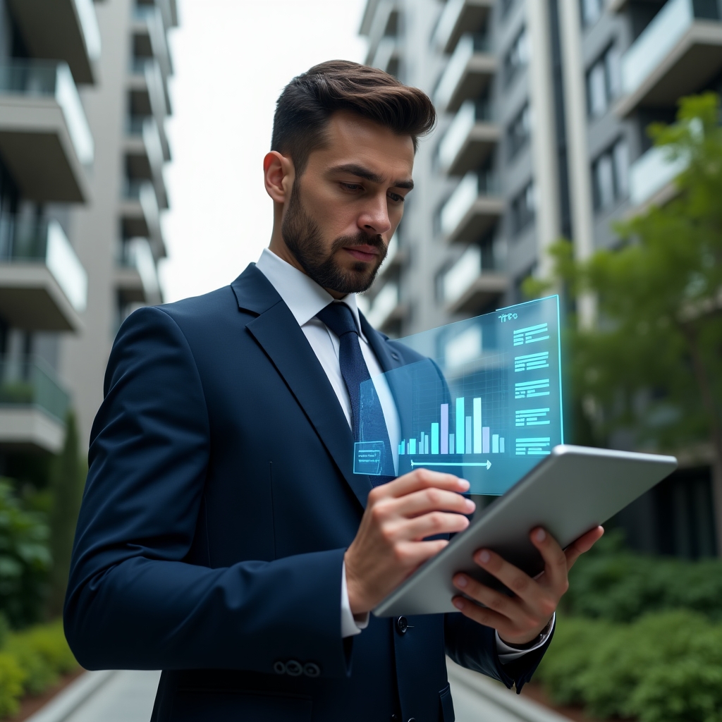 Ultra-realistic condominium manager in a tailored navy suit, set in a modern luxury condominium environment with high-rise buildings and lush green landscaping, confidently reviewing a floating holographic financial report projected from a sleek tablet, cinematic lighting, shallow depth of field, highly detailed textures, realistic skin, photographic realism, 8k resolution --ar 1:1 --v 6