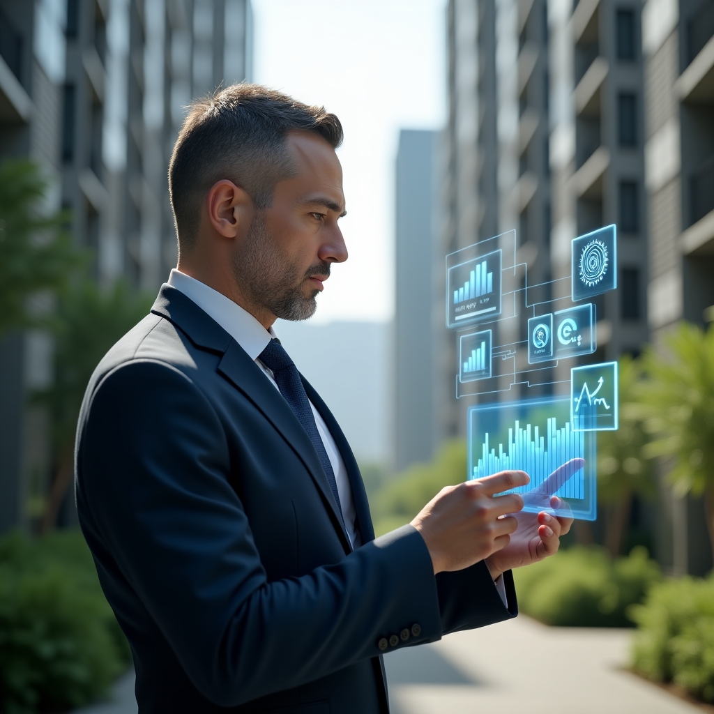 (Ultra-realistic condominium manager in a tailored navy suit, set in a modern luxury condominium environment with high-rise buildings and lush green landscaping, examining a holographic dashboard showing energy, water and cost-saving icons, digital graphs floating around, confident and analytical expression, cinematic lighting, shallow depth of field, highly detailed textures, realistic skin, photographic realism, 8k resolution --ar 1:1 --v 6)