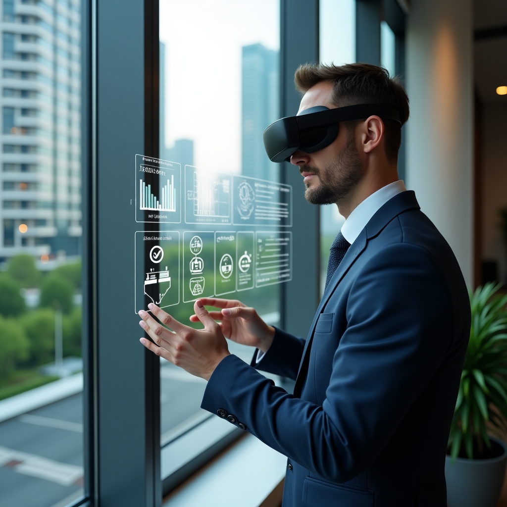 (Ultra-realistic condominium property manager in a navy executive suit, set in a modern luxury condominium environment with high-rise buildings and manicured green landscaping, confidently reviewing a holographic dashboard displaying energy consumption graphs, contract documents and cost-saving icons, cinematic lighting, shallow depth of field, highly detailed textures, realistic skin, photographic realism, 8k resolution --ar 1:1 --v 6)