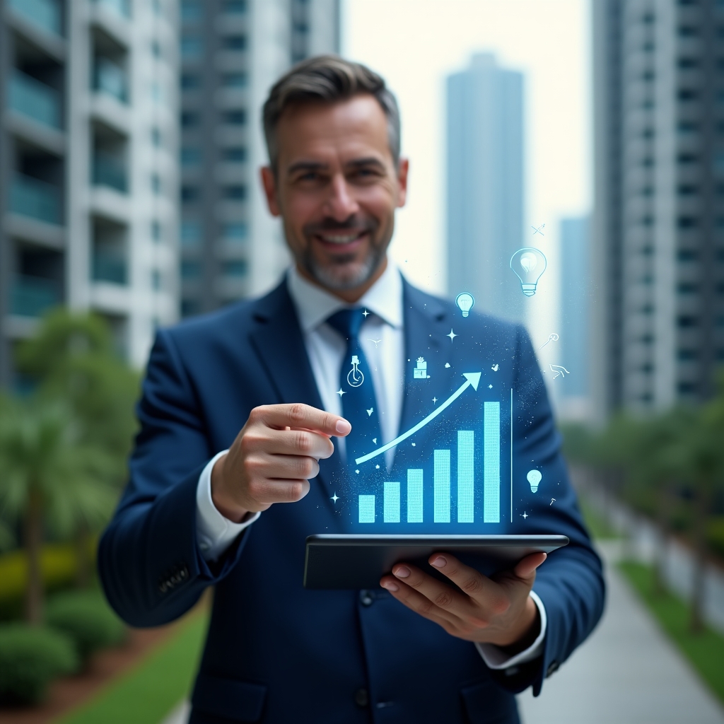 Ultra-realistic condominium manager in a navy blue suit, set in a modern luxury condominium environment with high-rise buildings and green landscaping, pointing to a holographic bar graph of cost reduction floating above a tablet, surrounded by floating icons of water droplets, energy-efficient lightbulbs and maintenance tools symbolizing expense control, confident expression, cinematic lighting, shallow depth of field, highly detailed textures, realistic skin, photographic realism, 8k resolution --ar 1:1 --v 6