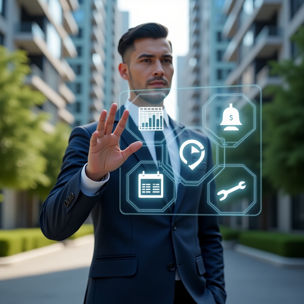 (Ultra-realistic condominium manager in a tailored navy suit, set in a modern luxury condominium environment with high-rise buildings and manicured green landscaping, standing in a medium close-up pose while interacting with a holographic interface displaying five icons representing financial charts, reservation calendar, notification bell, maintenance wrench, and analytics dashboard, cinematic lighting, shallow depth of field, highly detailed textures, realistic skin, photographic realism, 8k resolution --ar 1:1 --v 6)