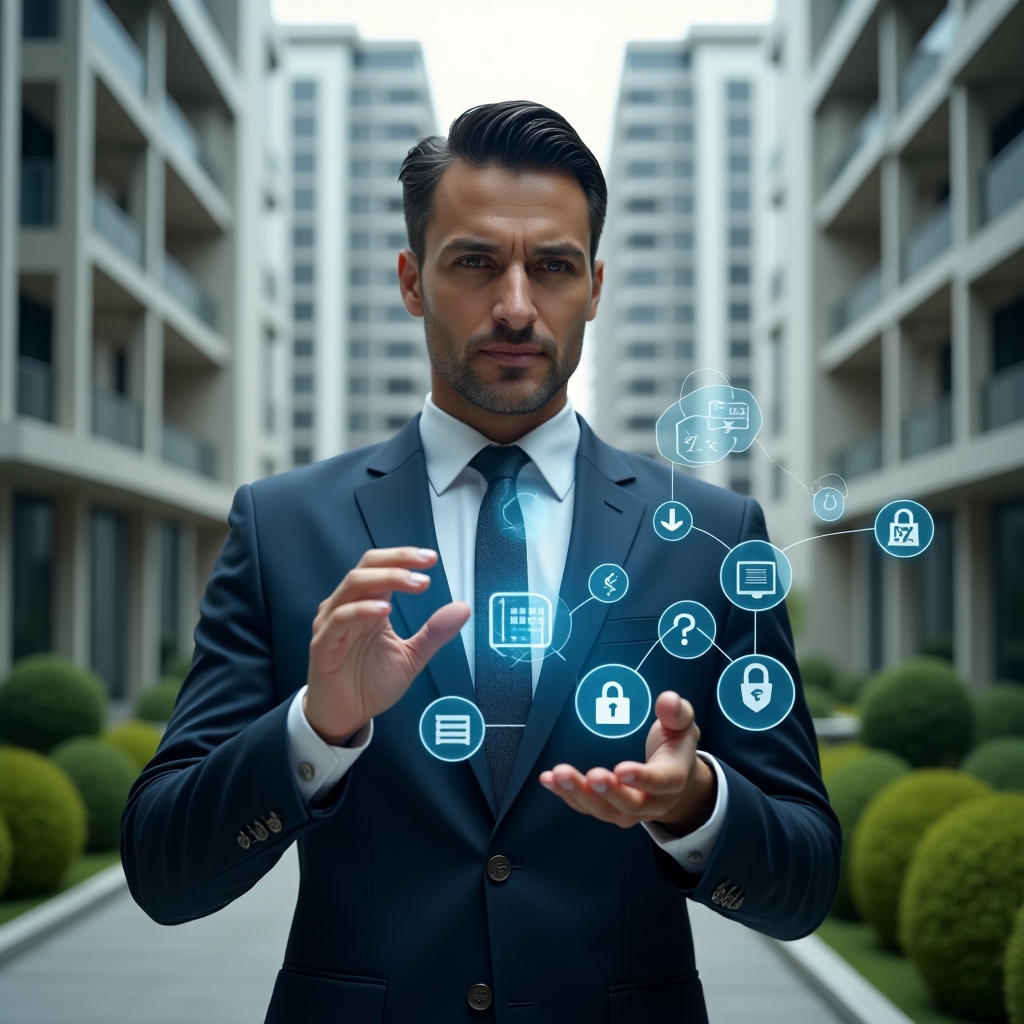 Ultra-realistic condominium manager in a tailored navy suit, set in a modern luxury condominium environment with high-rise buildings and manicured green landscaping, interacting with a floating holographic interface displaying financial charts, chat bubbles, maintenance tools, reservation calendar and security padlock icons, confident and focused expression, cinematic lighting, shallow depth of field, highly detailed textures, realistic skin, photographic realism, 8k resolution --ar 1:1 --v 6