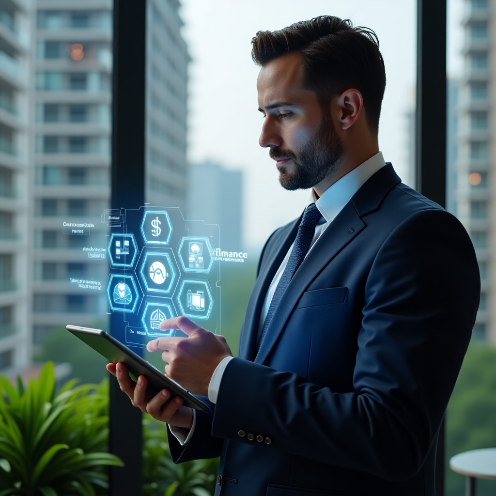 Ultra-realistic condominium manager in a navy suit, set in a modern luxury condominium environment with high-rise buildings and green landscaping, holding a tablet displaying holographic icons of communication, finance, reservations, maintenance, and analytics, confidently analyzing the digital interface, futuristic holographic overlays of app functions floating around, cinematic lighting, shallow depth of field, highly detailed textures, realistic skin, photographic realism, 8k resolution --ar 1:1 --v 6