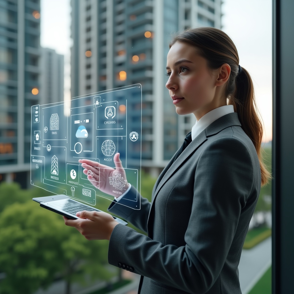 Ultra-realistic condominium manager in a charcoal gray executive suit, set in a modern luxury condominium environment with high-rise buildings and lush green landscaping, holding a transparent holographic tablet displaying icons for visitor access control, instant messaging, financial reports, space reservation calendar, and analytics dashboard, confidently tapping the interface with a focused expression, cinematic lighting, shallow depth of field, highly detailed textures, realistic skin, photographic realism, 8k resolution --ar 1:1 --v 6