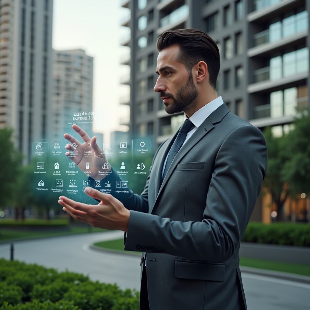 (Ultra-realistic condominium manager in a charcoal gray suit, set in a modern luxury condominium environment with high-rise buildings and meticulously landscaped greenery, confidently interacting with a holographic interface displaying icons for finance tracking, messaging, access control, facility reservations, and maintenance requests, cinematic lighting, shallow depth of field, highly detailed textures, realistic skin, photographic realism, 8k resolution --ar 1:1 --v 6)