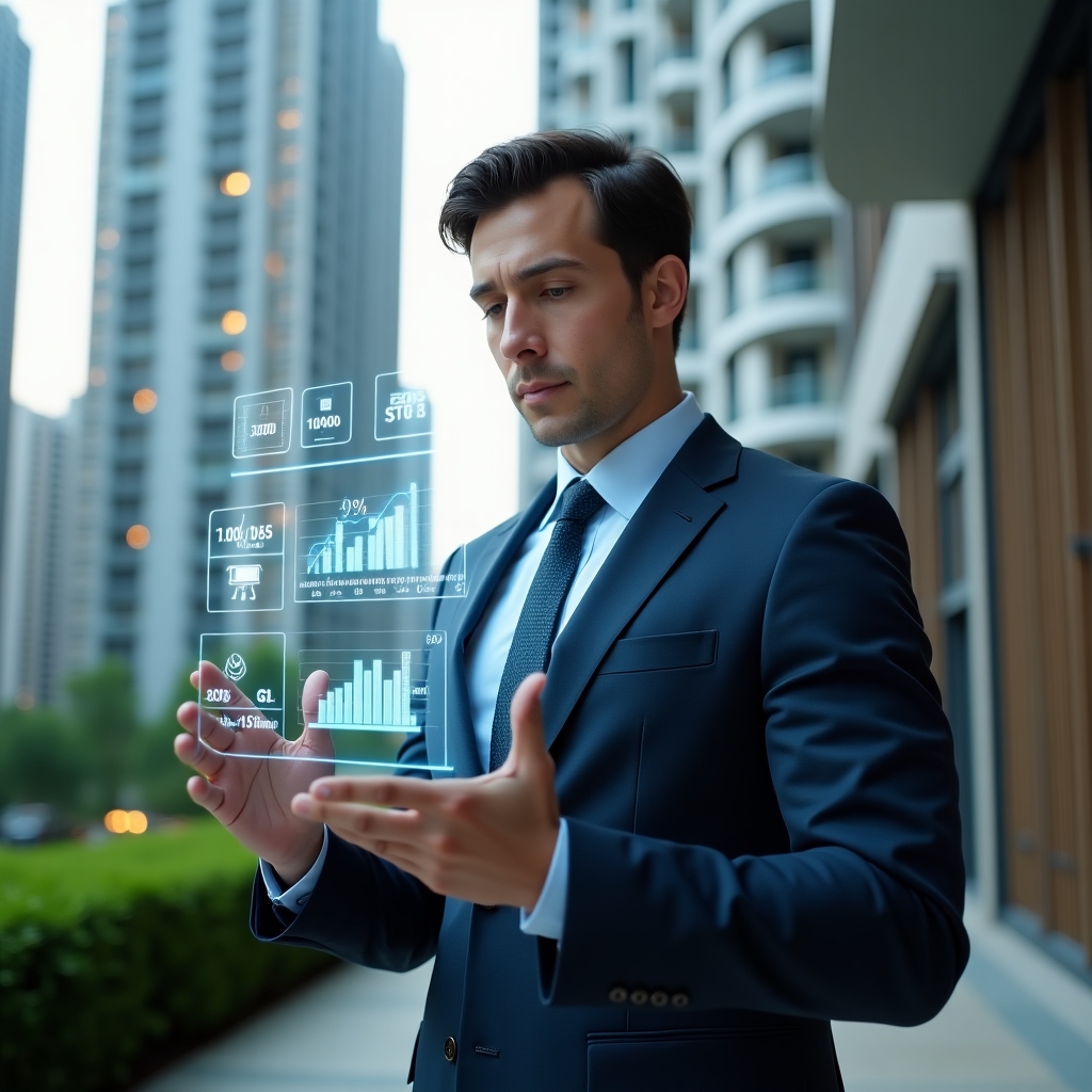 (Ultra-realistic condo manager in a tailored navy suit, set in a modern luxury condominium environment with high-rise buildings and meticulously landscaped greenery, confidently interacting with a holographic dashboard displaying energy consumption graphs and automated financial reports, surrounded by floating sensor icons and app interface elements symbolizing cost optimization, cinematic lighting, shallow depth of field, highly detailed textures, realistic skin, photographic realism, 8k resolution --ar 1:1 --v 6)