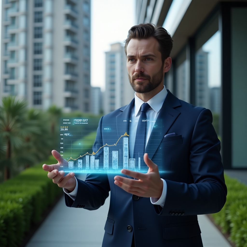 (Ultra-realistic condominium manager in a navy blue suit, set in a modern luxury condominium environment with high-rise buildings and manicured green landscaping, reviewing a floating holographic financial chart showing cost reductions, holographic icons of coins and gears orbiting around, confident and focused expression, cinematic lighting, shallow depth of field, highly detailed textures, realistic skin, photographic realism, 8k resolution --ar 1:1 --v 6)