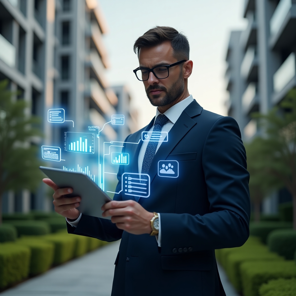 Ultra-realistic condominium manager in a navy executive suit, set in a modern luxury condominium environment with high-rise buildings and manicured green landscaping, holding a tablet displaying holographic finance charts and chat icons, confidently analyzing data, holographic app interface elements floating around, cinematic lighting, shallow depth of field, highly detailed textures, realistic skin, photographic realism, 8k resolution --ar 1:1 --v 6
