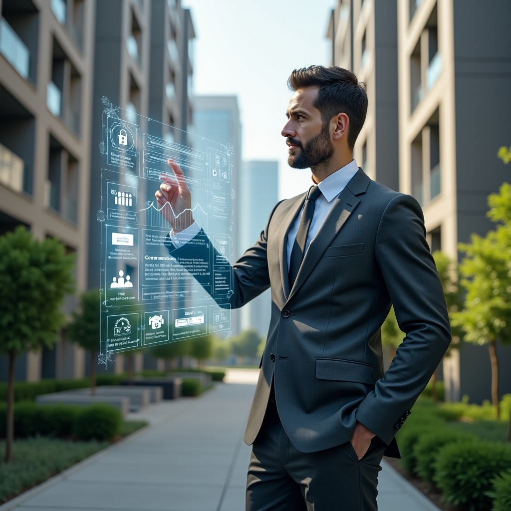 Ultra-realistic condominium manager in a charcoal-gray suit, set in a modern luxury condominium environment with high-rise buildings and manicured green landscaping, standing confidently and interacting with a holographic building automation interface displaying security locks, energy graphs, sensor icons and smart controls, futuristic holographic elements symbolizing automation, cinematic lighting, shallow depth of field, highly detailed textures, realistic skin, photographic realism, 8k resolution --ar 1:1 --v 6