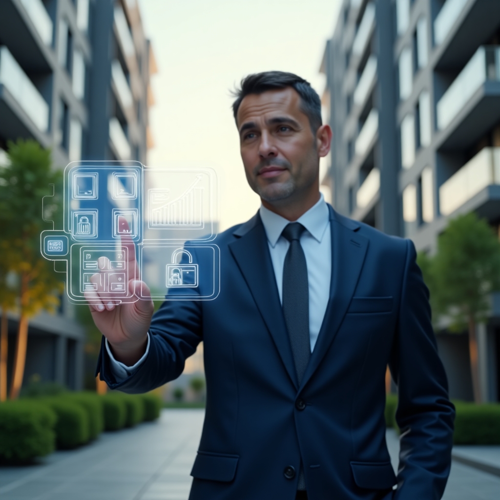 Ultra-realistic condominium manager in a navy blue suit, set in a modern luxury condominium environment with high-rise buildings and manicured green landscaping, interacting with a holographic interface displaying digital icons for scheduling, messaging, financial graphs and security locks, confident expression, cinematic lighting, shallow depth of field, highly detailed textures, realistic skin, photographic realism, 8k resolution --ar 1:1 --v 6
