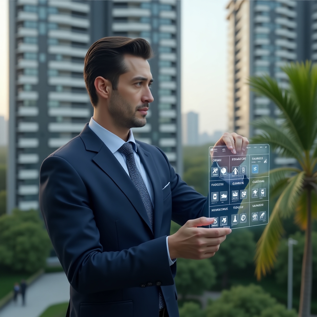 Ultra-realistic condominium manager in a navy blue executive suit, set in a modern luxury condominium environment with high-rise buildings and lush green landscaping, mid-shot interacting with a holographic calendar schedule showing maintenance, cleaning and inspection icons, confident and focused expression, cinematic lighting, shallow depth of field, highly detailed textures, realistic skin, photographic realism, 8k resolution --ar 1:1 --v 6