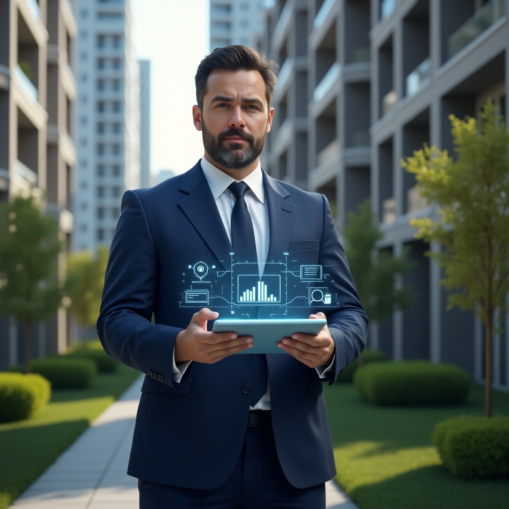 Ultra-realistic condominium manager in a navy blue suit, set in a modern luxury condominium environment with high-rise buildings and manicured greenery, holding a transparent tablet displaying holographic financial charts and document icons, confident and analytical expression, cinematic lighting, shallow depth of field, highly detailed textures, realistic skin, photographic realism, 8k resolution --ar 1:1 --v 6