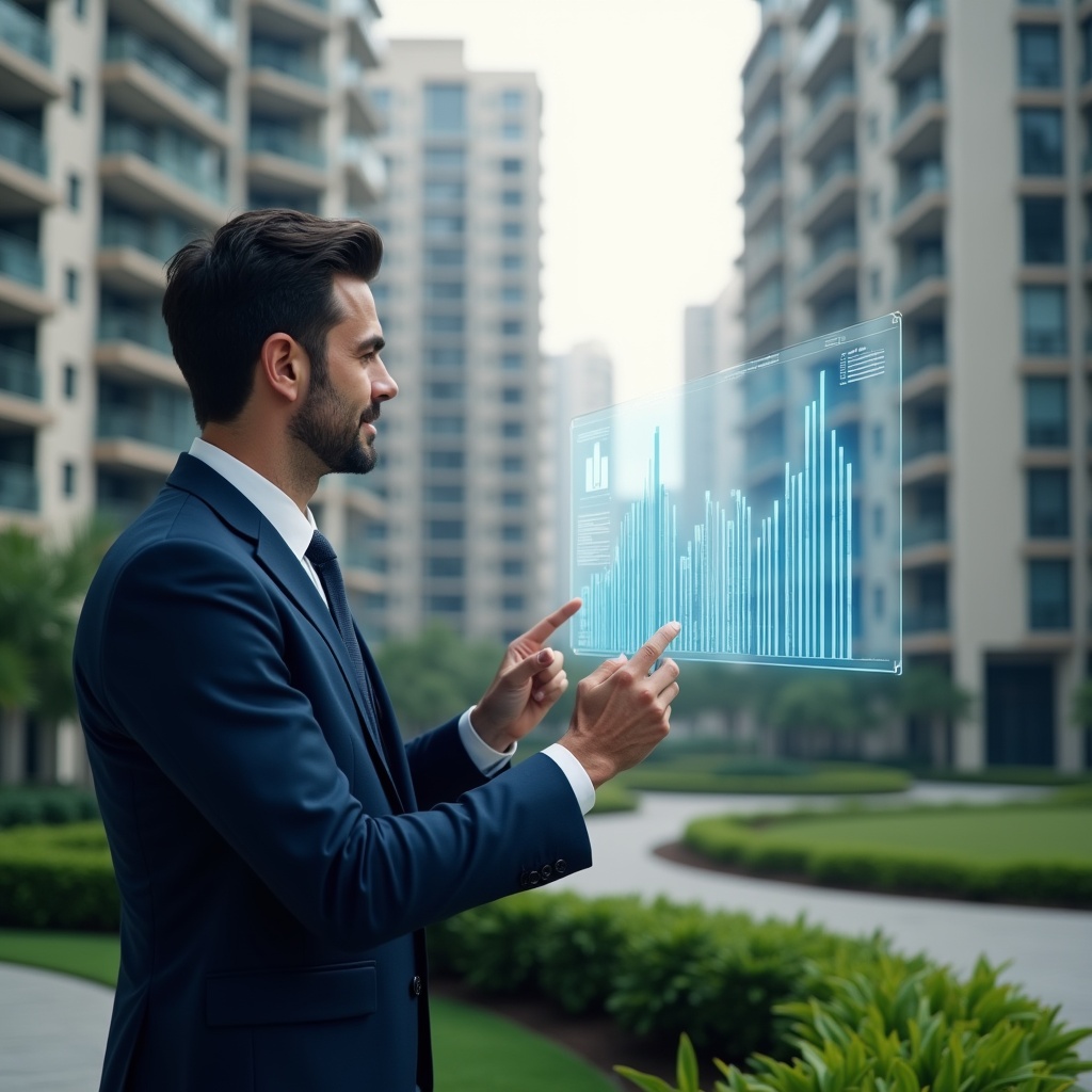 Ultra-realistic condominium manager in a navy blue suit, set in a modern luxury condominium environment with high-rise buildings and manicured green landscaping, reviewing transparent holographic financial charts and a floating ledger icon, confidently pointing at a digital report hologram, cinematic lighting, shallow depth of field, highly detailed textures, realistic skin, photographic realism, 8k resolution --ar 1:1 --v 6