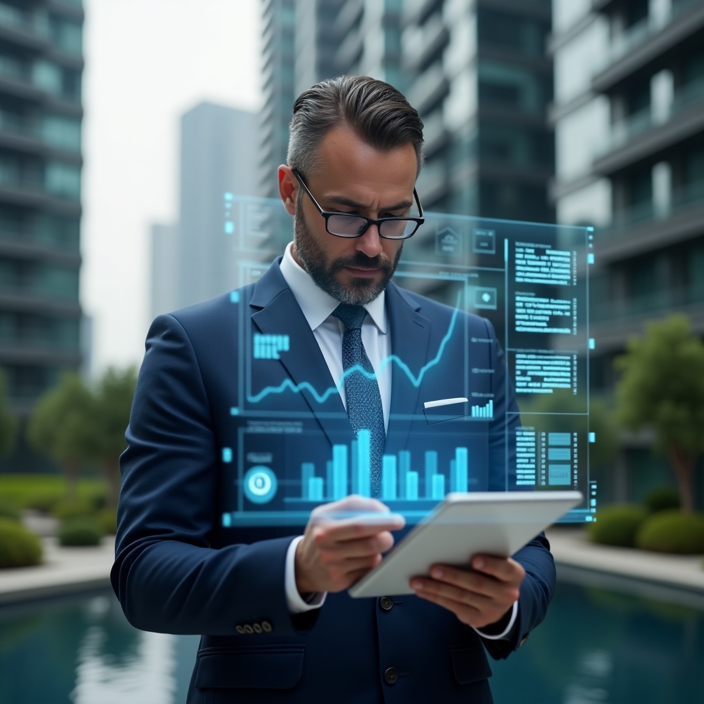 Ultra-realistic condo manager in a navy blue suit, set in a modern luxury condominium environment with high-rise buildings and green landscaping, reviewing floating transparent financial charts on a holographic screen with a thoughtful and confident expression, holographic spreadsheets and icons symbolizing transparency and efficiency, cinematic lighting, shallow depth of field, highly detailed textures, realistic skin, photographic realism, 8k resolution --ar 1:1 --v 6