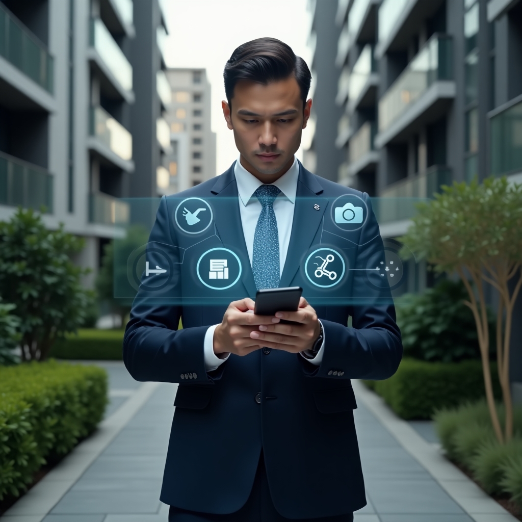 (Ultra-realistic condominium manager in a tailored navy suit, set in a modern luxury condominium environment with high-rise buildings and manicured green landscaping, holding a smartphone and interacting with a floating holographic condominium management app interface, displaying icons for communication, finance and maintenance, confident and focused expression, cinematic lighting, shallow depth of field, highly detailed textures, realistic skin, photographic realism, 8k resolution --ar 1:1 --v 6)