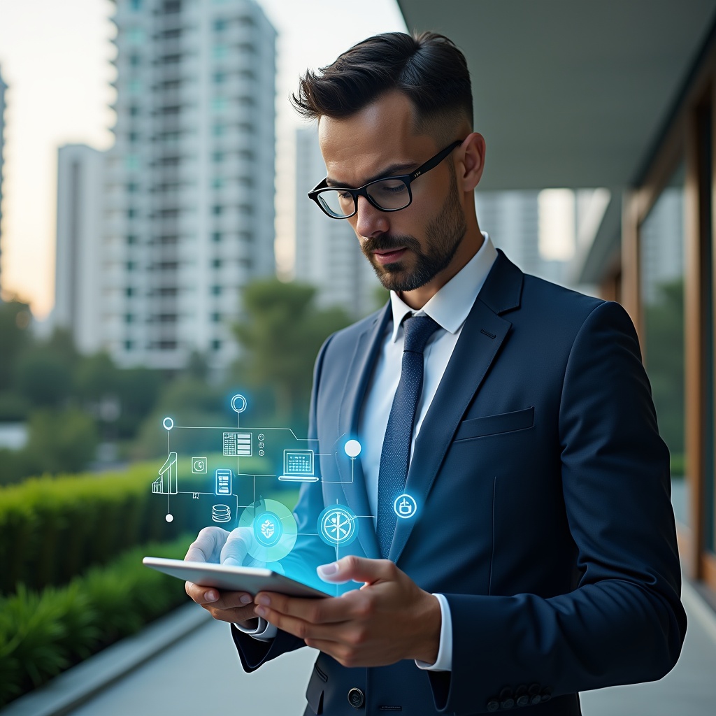 Ultra-realistic condo manager in a navy tailored suit, set in a modern luxury condominium environment with high-rise buildings and lush green landscaping, examining a holographic financial dashboard emerging from a tablet, floating icons of contract seals and budget charts around them, confident and focused expression, cinematic lighting, shallow depth of field, highly detailed textures, realistic skin, photographic realism, 8k resolution --ar 1:1 --v 6