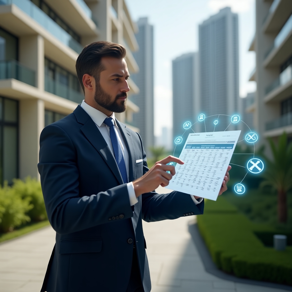 (Ultra-realistic condominium manager in a tailored navy suit, set in a modern luxury condominium environment with high-rise buildings and lush green landscaping, confidently examining a holographic maintenance and event schedule calendar, with floating icons of wrenches, clocks and calendar markers symbolizing planning and organization, cinematic lighting, shallow depth of field, highly detailed textures, realistic skin, photographic realism, 8k resolution --ar 1:1 --v 6)