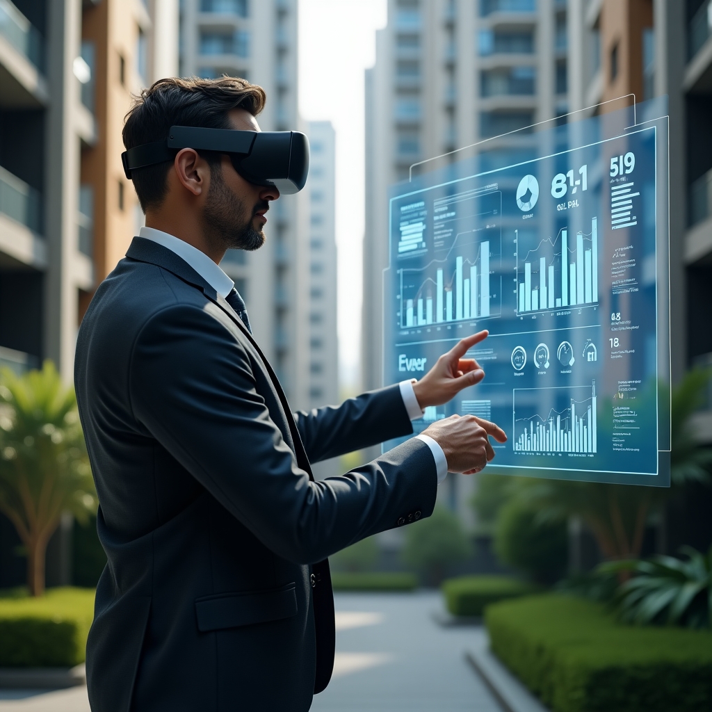 (Ultra-realistic condominium manager in a charcoal gray executive suit, set in a modern luxury condominium environment with high-rise buildings and meticulously landscaped greenery, analyzing a holographic financial dashboard displaying bar charts, pie graphs and real-time data indicators, confident and focused expression, cinematic lighting, shallow depth of field, highly detailed textures, realistic skin, photographic realism, 8k resolution --ar 1:1 --v 6)