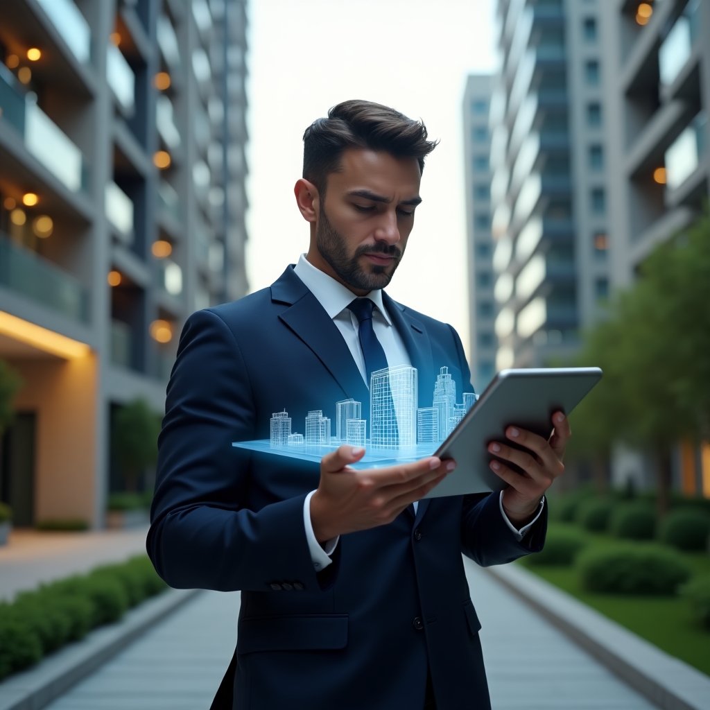 Ultra-realistic condominium manager in a navy executive suit, set in a modern luxury condominium environment with high-rise buildings and manicured green landscaping, holding a digital tablet displaying floating holographic building and chart icons, confidently analyzing data, cinematic lighting, shallow depth of field, highly detailed textures, realistic skin, photographic realism, 8k resolution --ar 1:1 --v 6