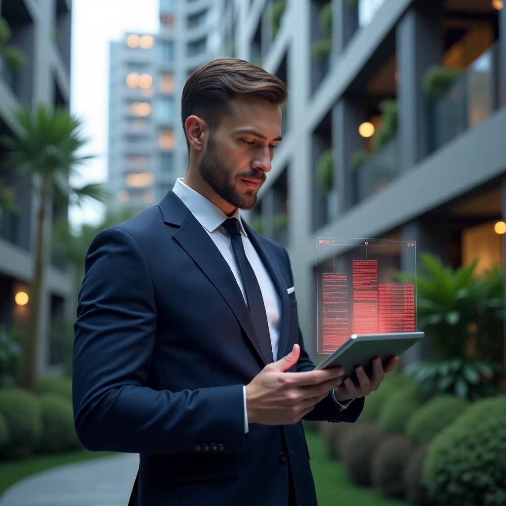 (Ultra-realistic condominium manager in a dark blue suit, set in a modern luxury condominium environment with high-rise buildings and meticulously landscaped greenery, holding a tablet and analyzing a holographic app interface displaying red warning icons for common errors, confident and thoughtful expression, cinematic lighting, shallow depth of field, highly detailed textures, realistic skin, photographic realism, 8k resolution --ar 1:1 --v 6)