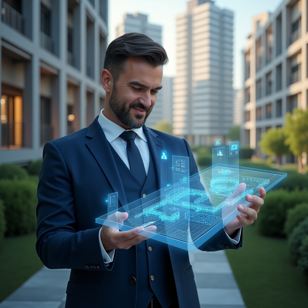 Ultra-realistic condominium manager in a tailored navy suit, set in a modern luxury condominium environment with high-rise buildings and lush green landscaping, examining a floating holographic floor plan and security dashboard with a confident smile, futuristic holographic icons of building automation and cost-saving charts around them, cinematic lighting, shallow depth of field, highly detailed textures, realistic skin, photographic realism, 8k resolution --ar 1:1 --v 6