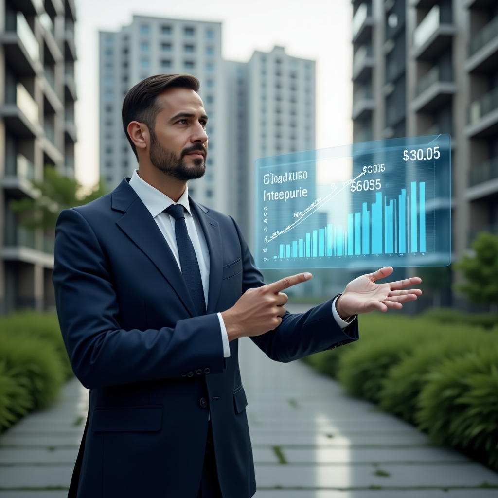 (Ultra-realistic condominium manager in a tailored navy suit, set in a modern luxury condominium environment with high-rise buildings and lush green landscaping, mid shot of a confident professional reviewing and pointing at floating holographic financial charts and expense category icons, cinematic lighting, shallow depth of field, highly detailed textures, realistic skin, photographic realism, 8k resolution --ar 1:1 --v 6)