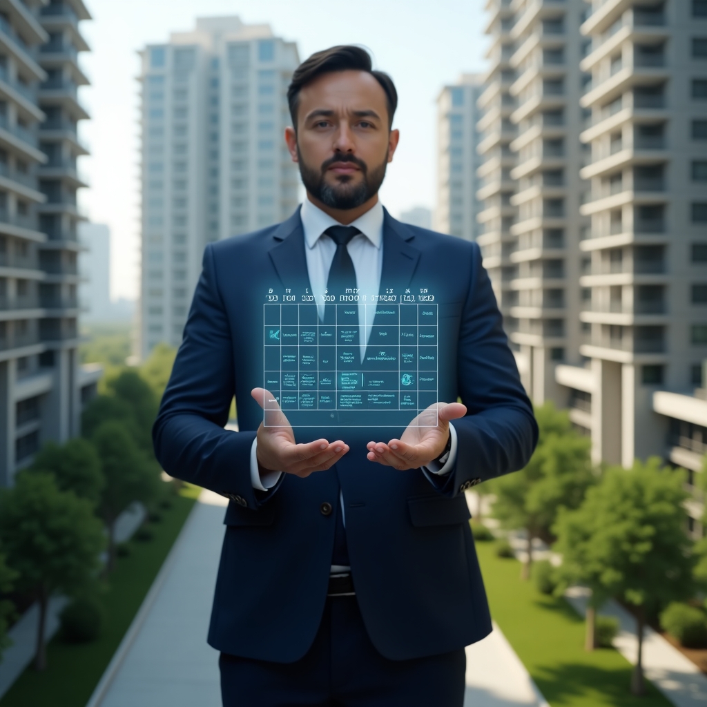 Ultra-realistic condominium manager in a navy blue suit, set in a modern luxury condominium environment with high-rise buildings and meticulously landscaped green areas, standing mid-shot and holding a holographic calendar schedule with highlighted maintenance and meeting icons, projecting a sense of strategic planning and efficiency, cinematic lighting, shallow depth of field, highly detailed textures, realistic skin, photographic realism, 8k resolution --ar 1:1 --v 6