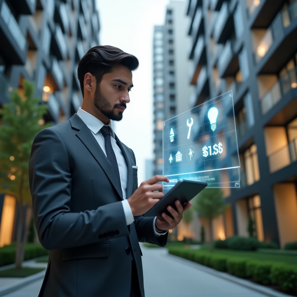 Ultra-realistic property manager in a charcoal gray suit, set in a modern luxury condominium environment with high-rise buildings and manicured green landscaping, analyzing a holographic financial dashboard projected from a sleek tablet, with floating icons of a lightbulb, wrench, and dollar sign symbolizing energy, maintenance, and cost savings, confident expression, cinematic lighting, shallow depth of field, highly detailed textures, realistic skin, photographic realism, 8k resolution --ar 1:1 --v 6