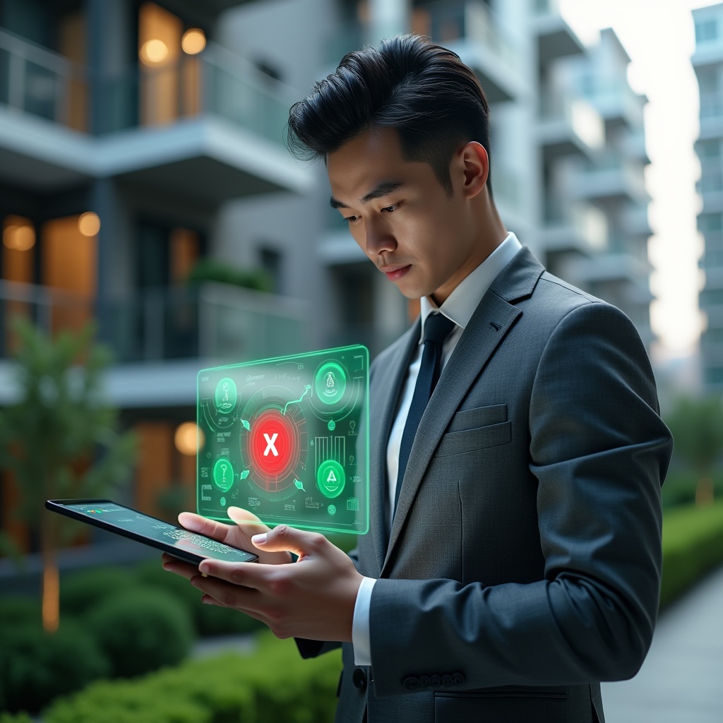 (Ultra-realistic condominium manager in a charcoal gray suit, set in a modern luxury condominium environment with high-rise buildings and manicured gardens, holding a tablet displaying a holographic condominium management app interface with red error icons transforming into green checkmarks, analyzing the digital dashboard with a focused, confident expression, cinematic lighting, shallow depth of field, highly detailed textures, realistic skin, photographic realism, 8k resolution --ar 1:1 --v 6)