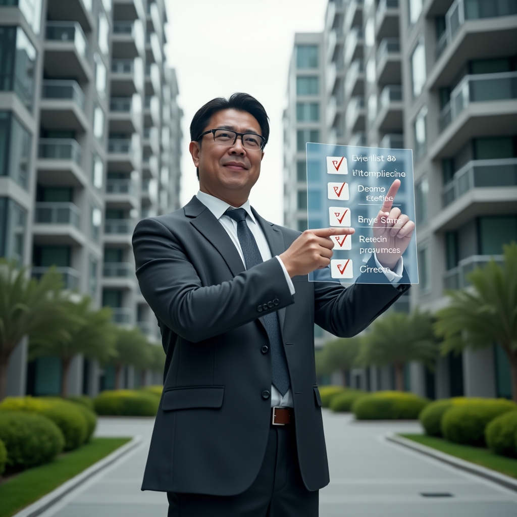 Ultra-realistic condominium manager in a charcoal-gray executive suit, set in a modern luxury condominium environment with high-rise buildings and manicured green landscaping, holding a holographic checklist numbered 1–7 with warning icons, confidently pointing at the first item, subtle digital interface overlays representing streamlined processes, cinematic lighting, shallow depth of field, highly detailed textures, realistic skin, photographic realism, 8k resolution --ar 1:1 --v 6