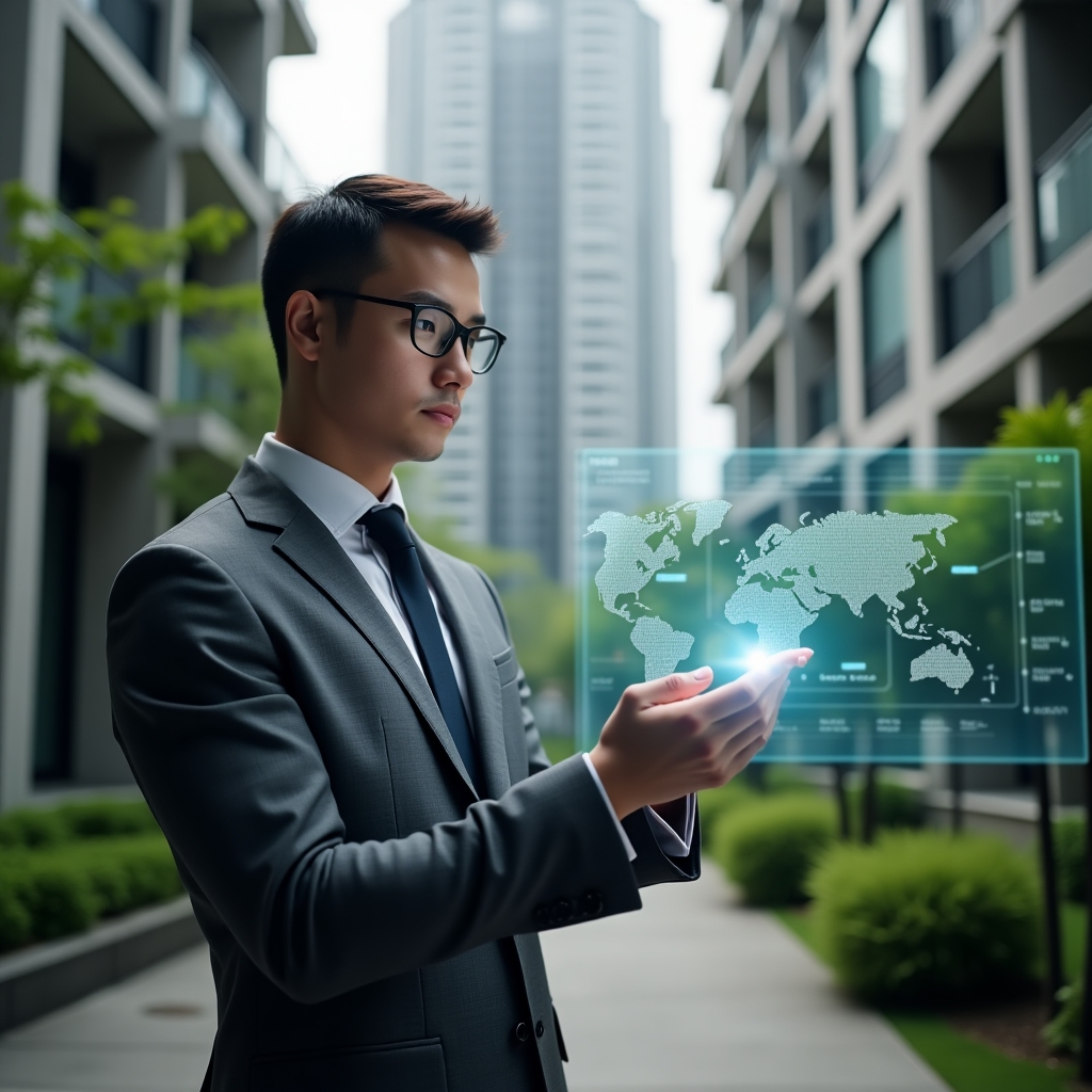 Ultra-realistic condominium manager in a charcoal gray suit, set in a modern luxury condominium environment with high-rise buildings and lush green landscaping, thoughtfully examining a holographic dashboard of a condo management app with floating error icons and checklist symbols, cinematic lighting, shallow depth of field, highly detailed textures, realistic skin, photographic realism, 8k resolution --ar 1:1 --v 6