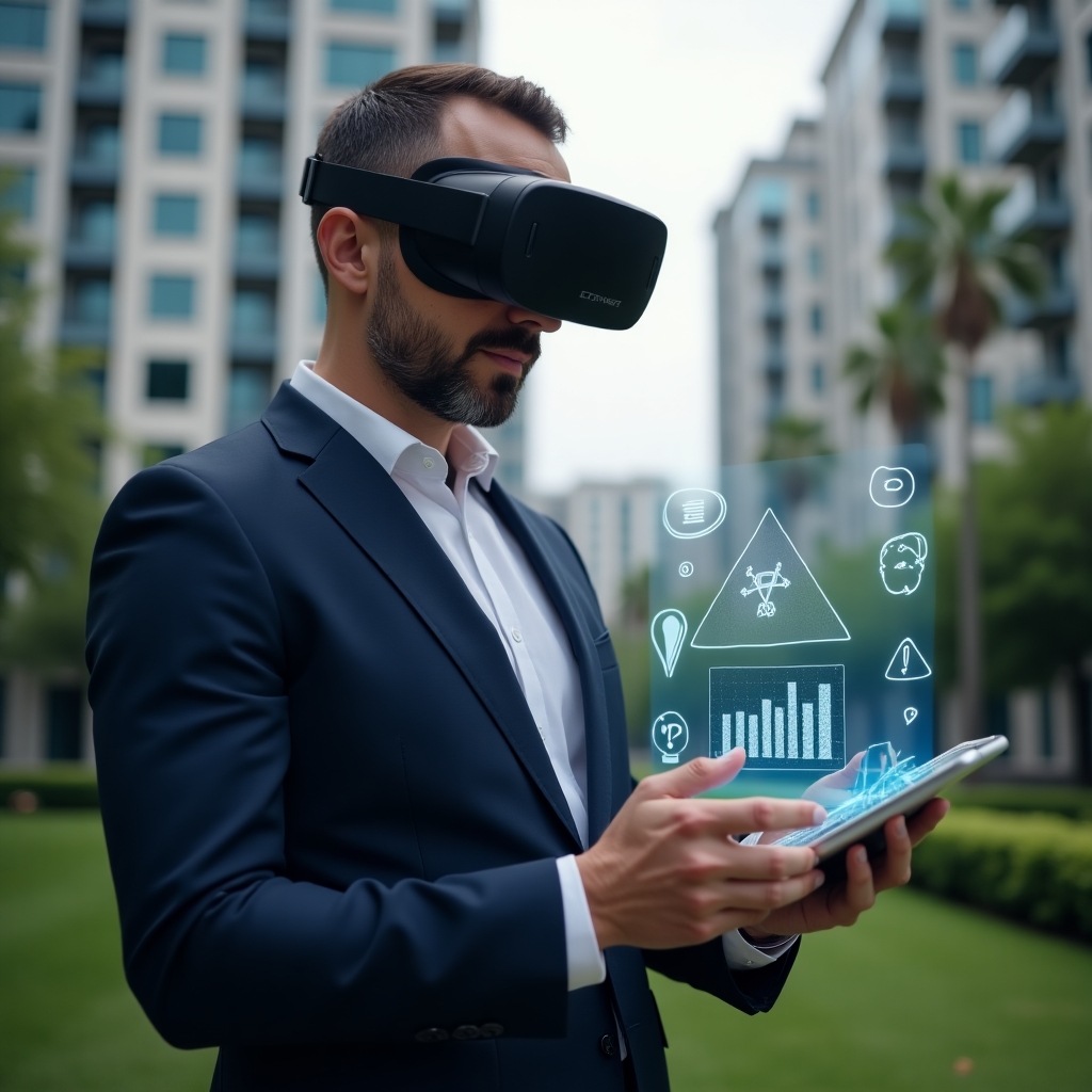 (Ultra-realistic condominium manager in a tailored navy suit, set in a modern luxury condominium environment with high-rise buildings and lush green landscaping, examining a holographic interface of warning icons and charts on a transparent tablet, thoughtful expression, holographic exclamation marks and data graphs floating beside him, cinematic lighting, shallow depth of field, highly detailed textures, realistic skin, photographic realism, 8k resolution --ar 1:1 --v 6)