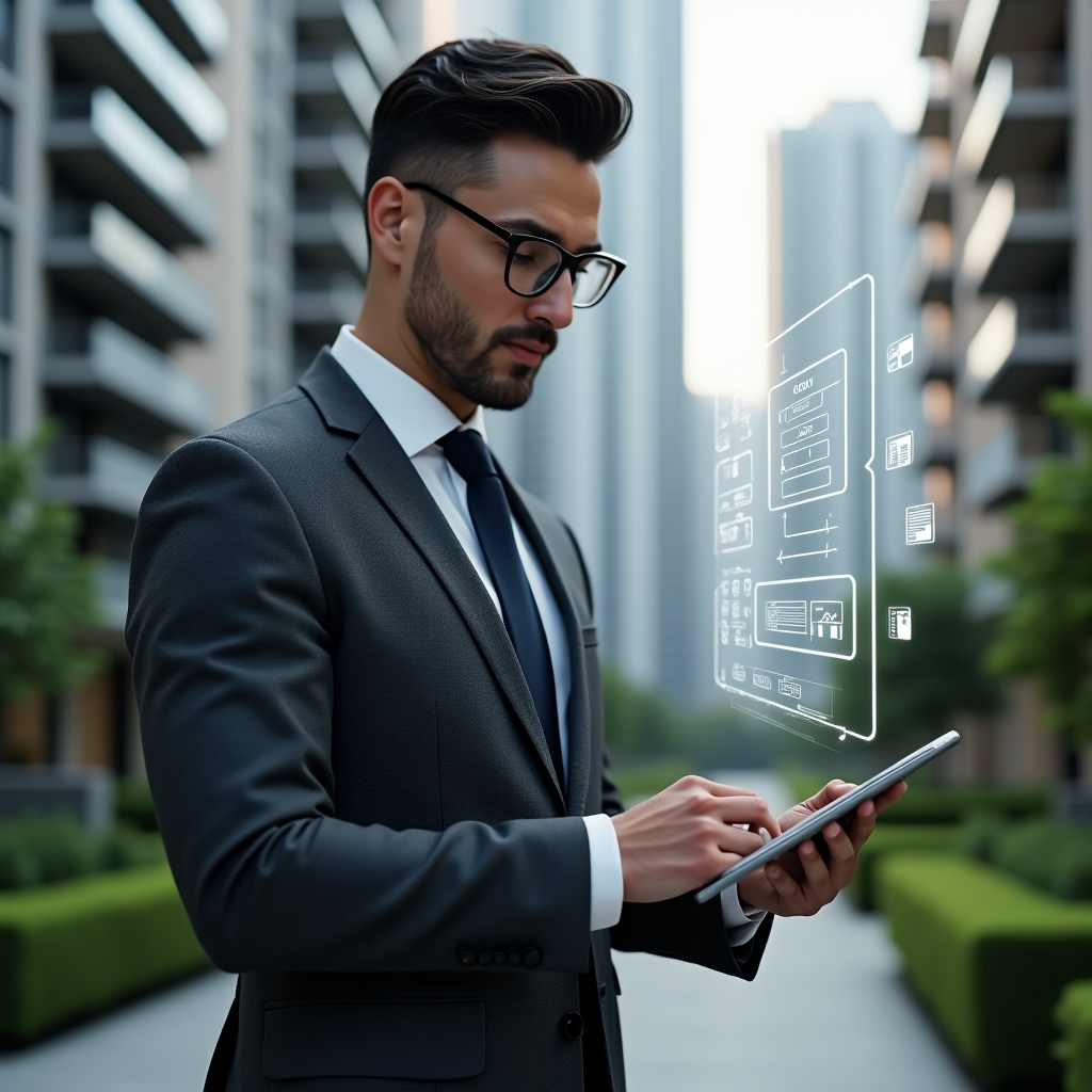 (Ultra-realistic condominium manager in a dark gray tailored suit, set in a modern luxury condominium environment with high-rise buildings and meticulously landscaped greenery, holding a tablet and examining a floating holographic interface of a property management app, confident and focused expression, holographic icons for alerts, financial charts and building layouts orbiting around, cinematic lighting, shallow depth of field, highly detailed textures, realistic skin, photographic realism, 8k resolution --ar 1:1 --v 6)