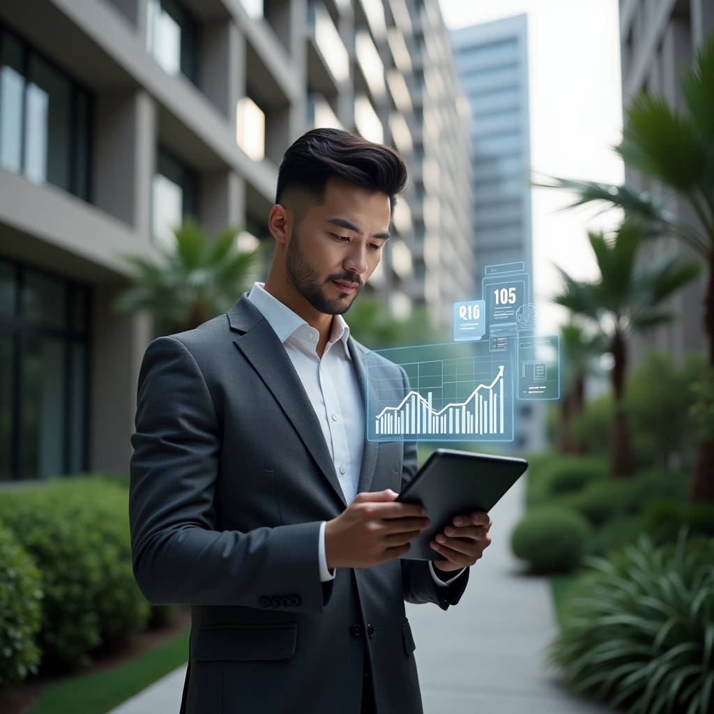 Ultra-realistic condominium manager in a charcoal gray tailored suit, set in a modern luxury condominium environment with high-rise buildings and meticulously landscaped greenery, reviewing digital financial reports on a tablet with holographic expense charts floating above it, holographic ledger icons around, confident and focused expression, cinematic lighting, shallow depth of field, highly detailed textures, realistic skin, photographic realism, 8k resolution --ar 1:1 --v 6