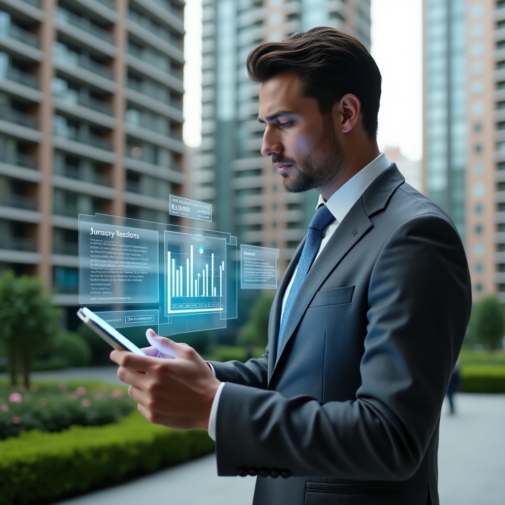 Ultra-realistic condominium manager in a tailored gray suit, set in a modern luxury condominium environment with high-rise buildings and manicured green landscaping, reviewing a digital tablet with holographic financial charts and error alerts floating beside him, focused and confident expression, cinematic lighting, shallow depth of field, highly detailed textures, realistic skin, photographic realism, 8k resolution --ar 1:1 --v 6