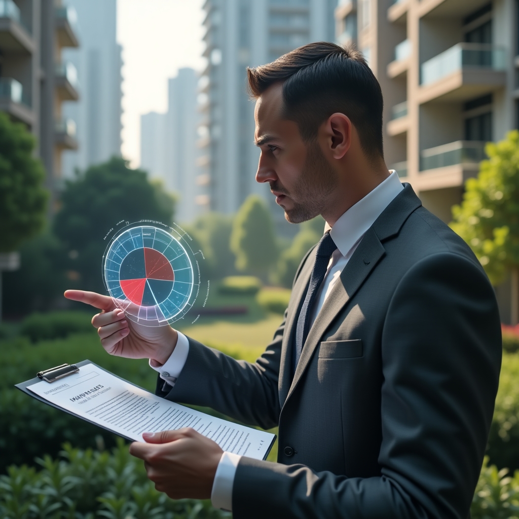 Ultra-realistic condominium manager in a charcoal gray suit, set in a modern luxury condominium environment with high-rise buildings and manicured gardens, reviewing a financial report with a concerned expression, pointing at a holographic pie chart marked with red error segments, cinematic lighting, shallow depth of field, highly detailed textures, realistic skin, photographic realism, 8k resolution --ar 1:1 --v 6