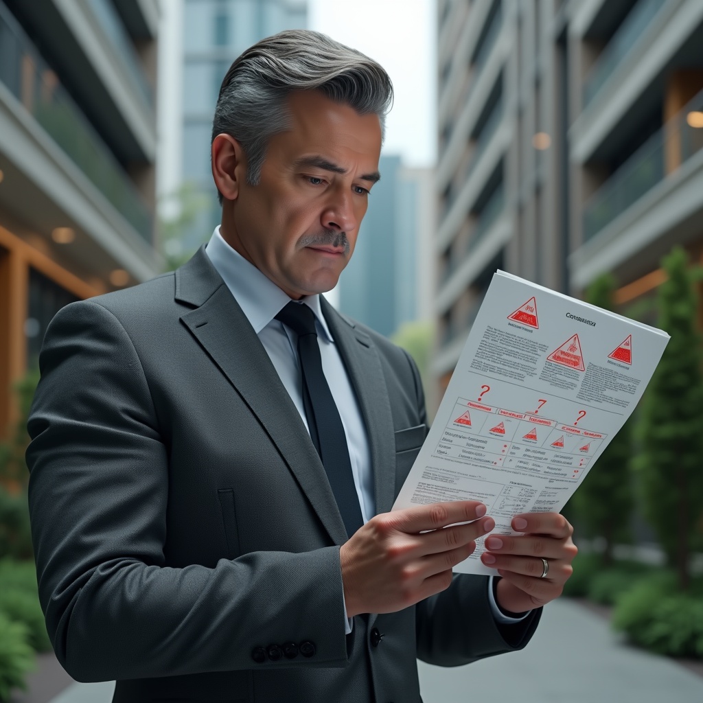 (Ultra-realistic condominium manager in a charcoal gray suit, set in a modern luxury condominium environment with high-rise buildings and lush green landscaping, examining a floating holographic financial report with red warning icons marking seven errors, serious and focused expression, cinematic lighting, shallow depth of field, highly detailed textures, realistic skin, photographic realism, 8k resolution --ar 1:1 --v 6)