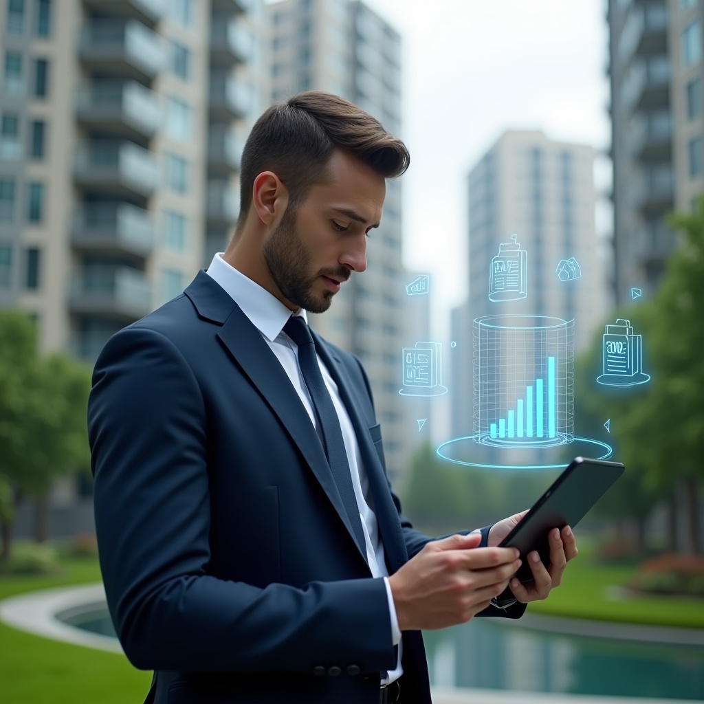 Ultra-realistic condominium manager in a tailored navy suit, set in a modern luxury condominium environment with high-rise buildings and meticulously landscaped greens, reviewing a holographic financial report projected from a sleek tablet, with floating charts and ledger icons around them, confident and focused expression, cinematic lighting, shallow depth of field, highly detailed textures, realistic skin, photographic realism, 8k resolution --ar 1:1 --v 6