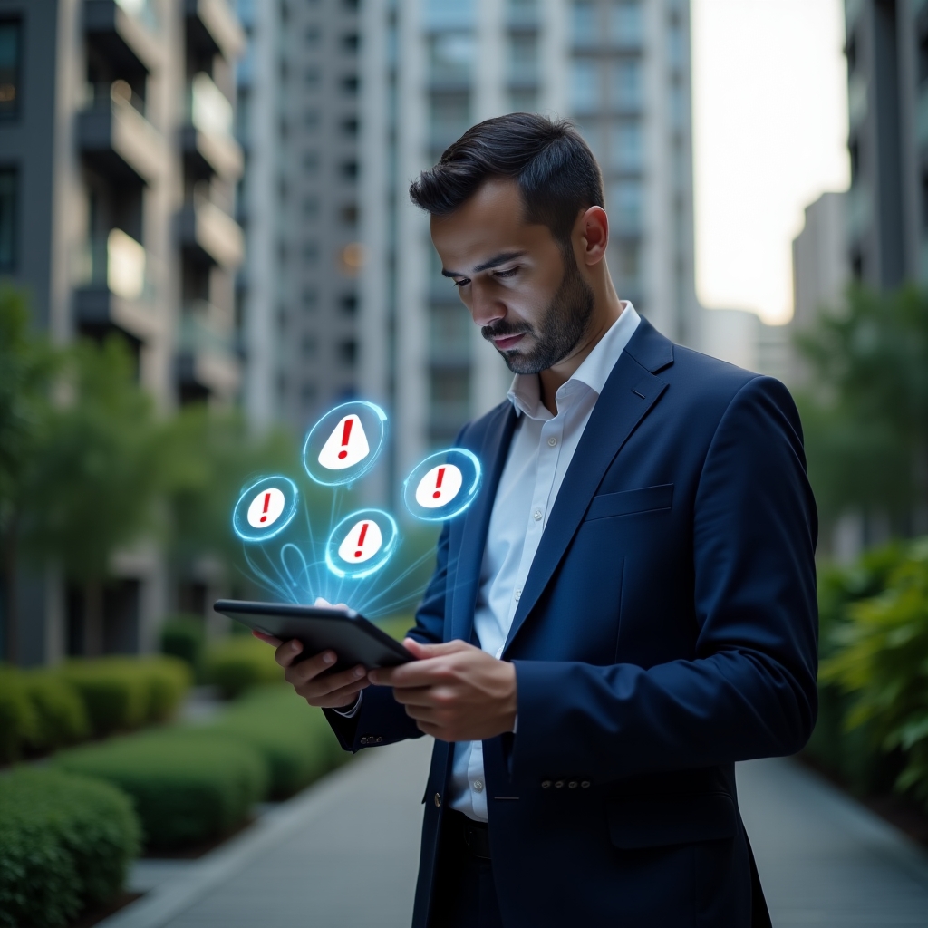 (Ultra-realistic condominium manager in a navy blue suit, set in a modern luxury condominium environment with high-rise buildings and lush green landscaping, mid-shot of a professional thoughtfully reviewing a holographic tablet interface displaying app icons with red warning symbols, floating holographic exclamation icons around the device, cinematic lighting, shallow depth of field, highly detailed textures, realistic skin, photographic realism, 8k resolution --ar 1:1 --v 6)