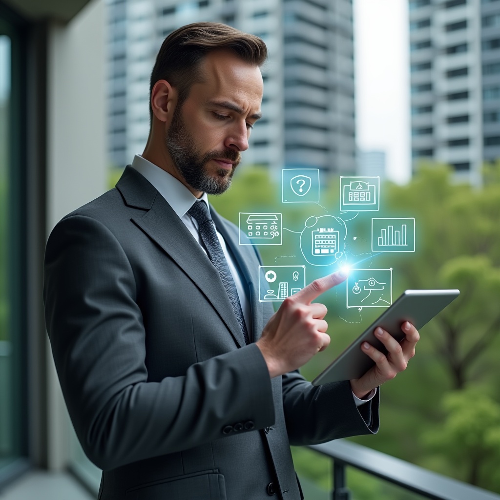 Ultra-realistic condominium manager in a charcoal gray executive suit, set in a modern luxury condominium environment with high-rise buildings and lush green landscaping, holding a sleek tablet displaying floating holographic icons of access control, calendar scheduling, financial graphs and chat bubbles, confidently tapping the screen as translucent app interface elements hover in the air, cinematic lighting, shallow depth of field, highly detailed textures, realistic skin, photographic realism, 8k resolution --ar 1:1 --v 6