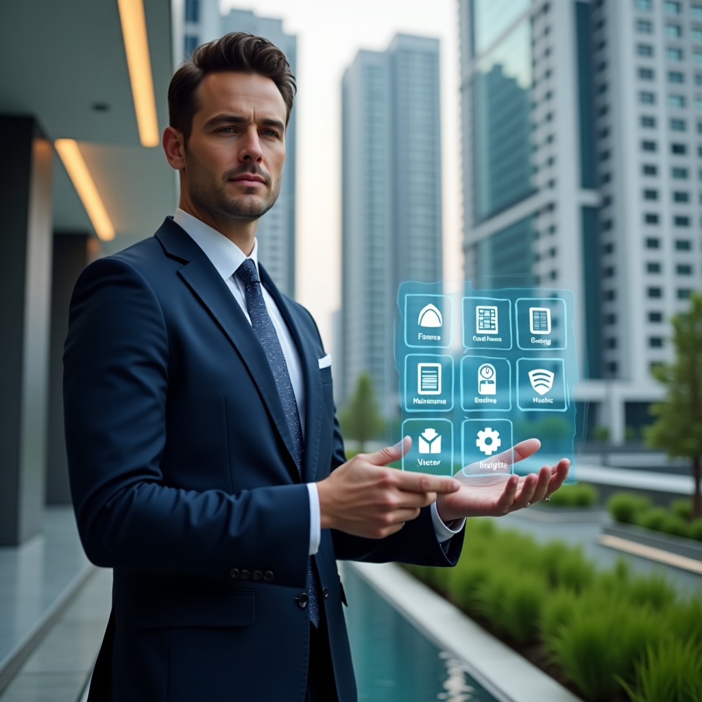 Ultra-realistic condominium manager in a tailored navy suit, set in a modern luxury condominium environment with high-rise buildings and manicured green landscaping, interacting with a semi-transparent holographic interface displaying seven app icons for finance, maintenance, communication, bookings, vendors, analytics, and mobile access, confident expression, cinematic lighting, shallow depth of field, highly detailed textures, realistic skin, photographic realism, 8k resolution --ar 1:1 --v 6