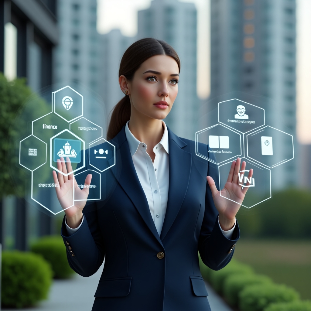 Ultra-realistic female condominium manager in a tailored navy suit, set in a modern luxury condominium environment with high-rise buildings and manicured green landscaping, interacting with holographic UI panels displaying icons for finance, messaging, access control, facility booking, maintenance requests, analytics dashboards and support, confident focused expression, cinematic lighting, shallow depth of field, highly detailed textures, realistic skin, photographic realism, 8k resolution --ar 1:1 --v 6