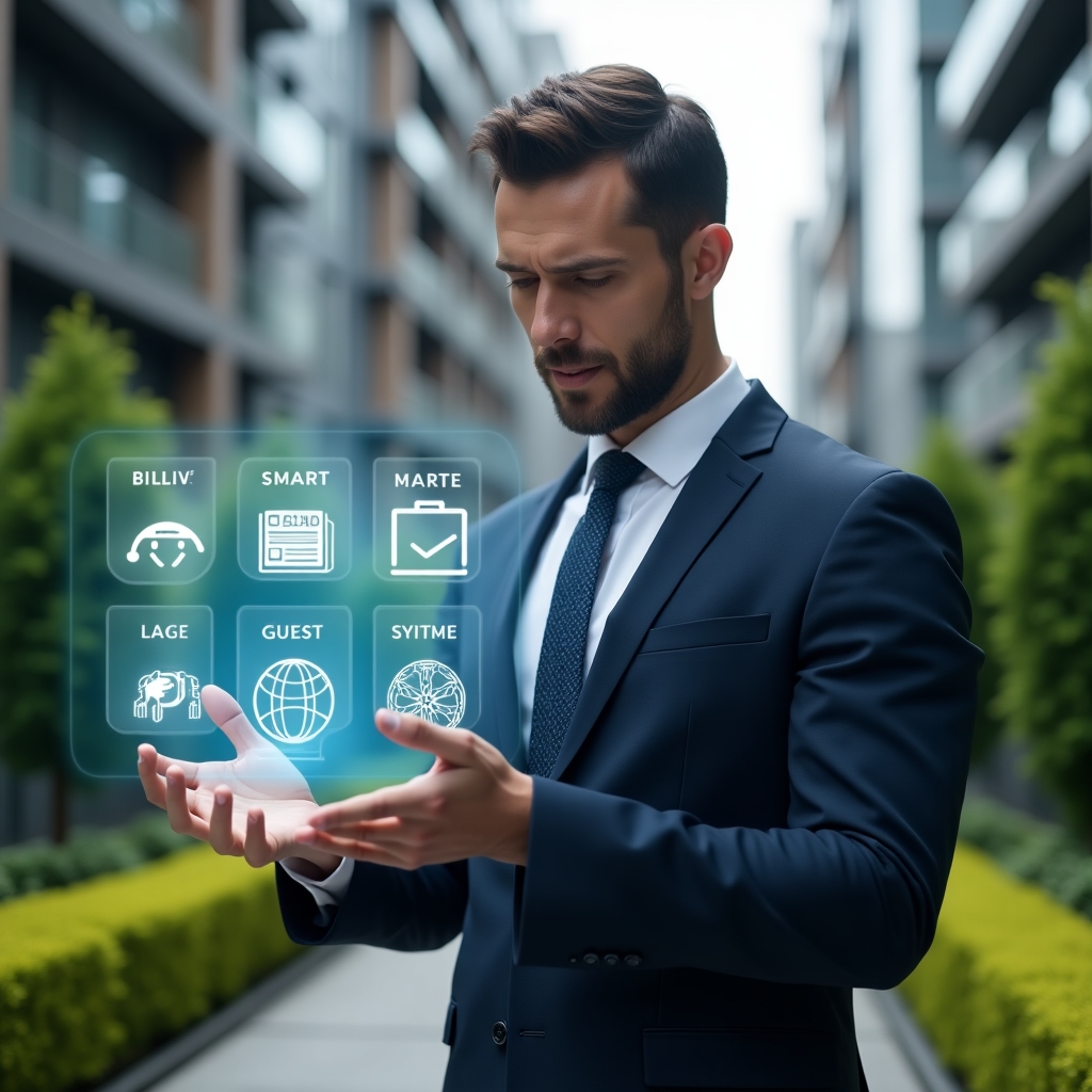 (Ultra-realistic condominium manager in a tailored navy suit, set in a modern luxury condominium environment with high-rise buildings and impeccably manicured green landscaping, confidently interacting with a floating holographic interface displaying icons for automated billing, smart reports, maintenance requests, guest access QR codes, and digital voting, cinematic lighting, shallow depth of field, highly detailed textures, realistic skin, photographic realism, 8k resolution --ar 1:1 --v 6)