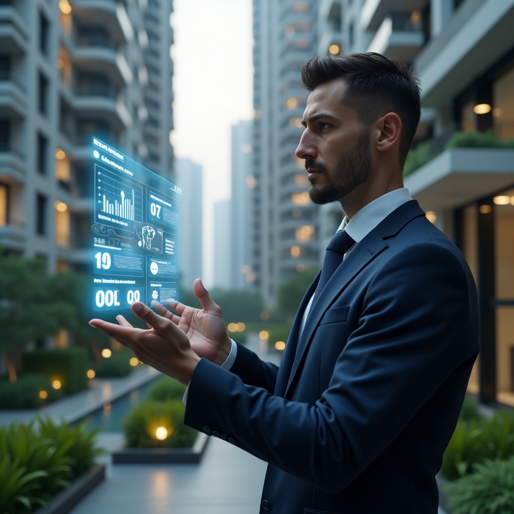 Ultra-realistic condominium manager in a dark blue executive suit, set in a modern luxury condominium environment with high-rise buildings and meticulously landscaped greenery, examining a floating holographic dashboard displaying warning icons and performance charts, thoughtful and determined expression, cinematic lighting, shallow depth of field, highly detailed textures, realistic skin, photographic realism, 8k resolution --ar 1:1 --v 6