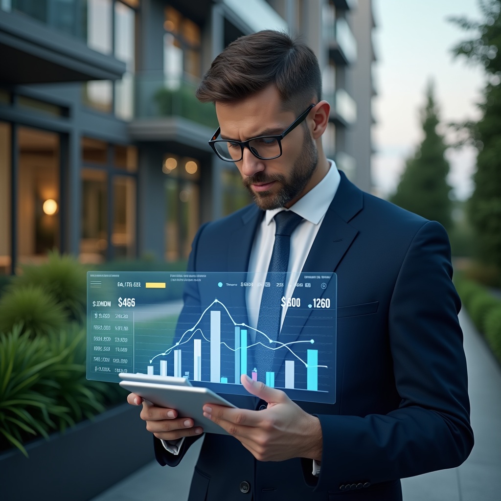 Ultra-realistic condominium manager in a navy blue suit, set in a modern luxury condominium environment with high-rise buildings and meticulously landscaped gardens, analyzing a floating holographic financial report with colorful charts and icons, confident and focused expression, cinematic lighting, shallow depth of field, highly detailed textures, realistic skin, photographic realism, 8k resolution --ar 1:1 --v 6